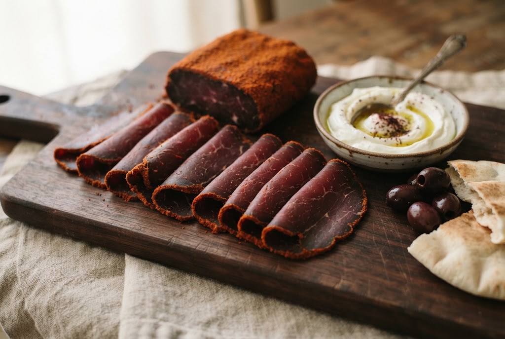 Pastirma: thin slices of dark red cured beef edged with rusty spice paste, the crusted whole piece, labneh, olives and pita, on a walnut board