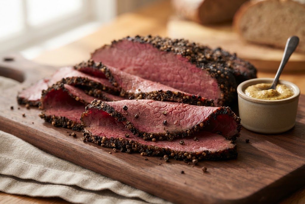 Pastrami: red-pink slices with a black pepper crust, on a dark walnut board