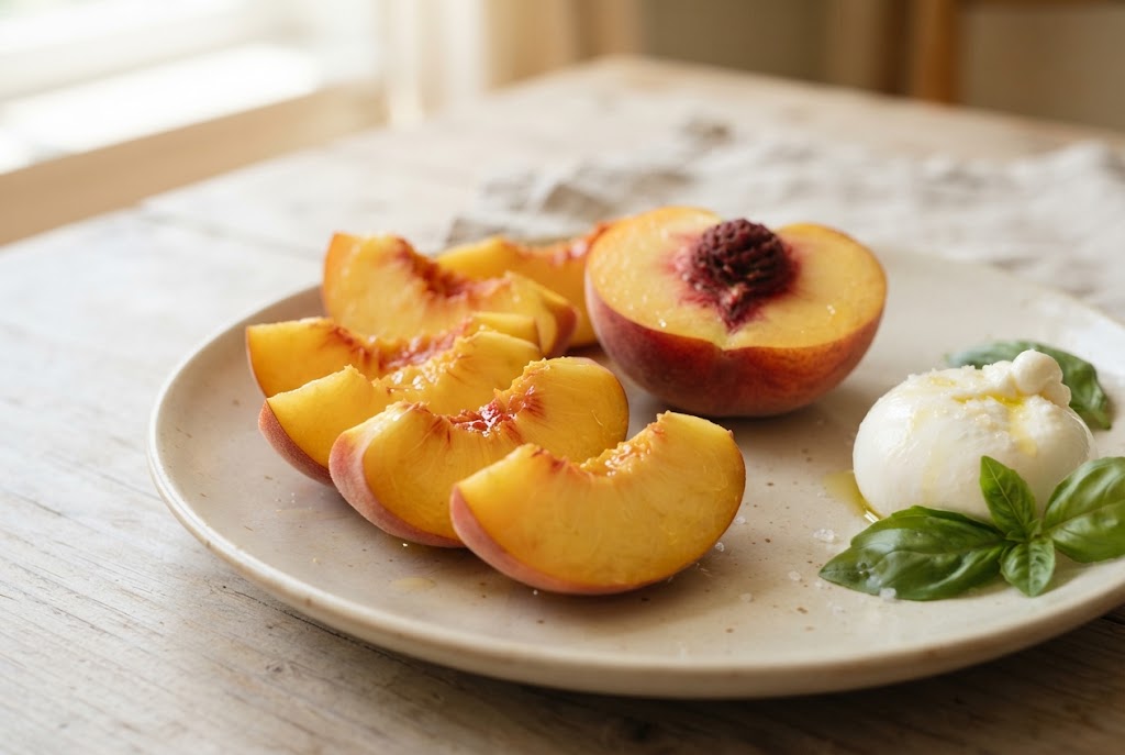 Peaches: gold-and-red blushed fuzzy skin, juicy golden crescents, on a cream ceramic plate