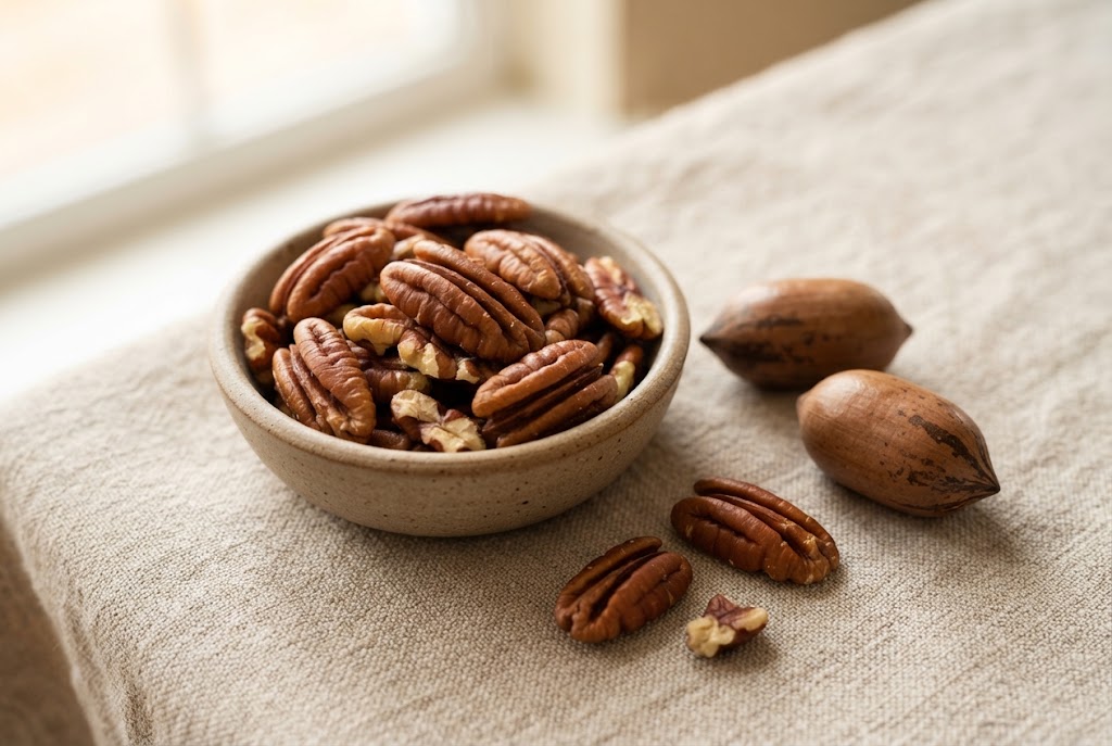 Pecans: ridged glossy reddish-brown halves with cream grooves, smooth oblong shells, on natural linen