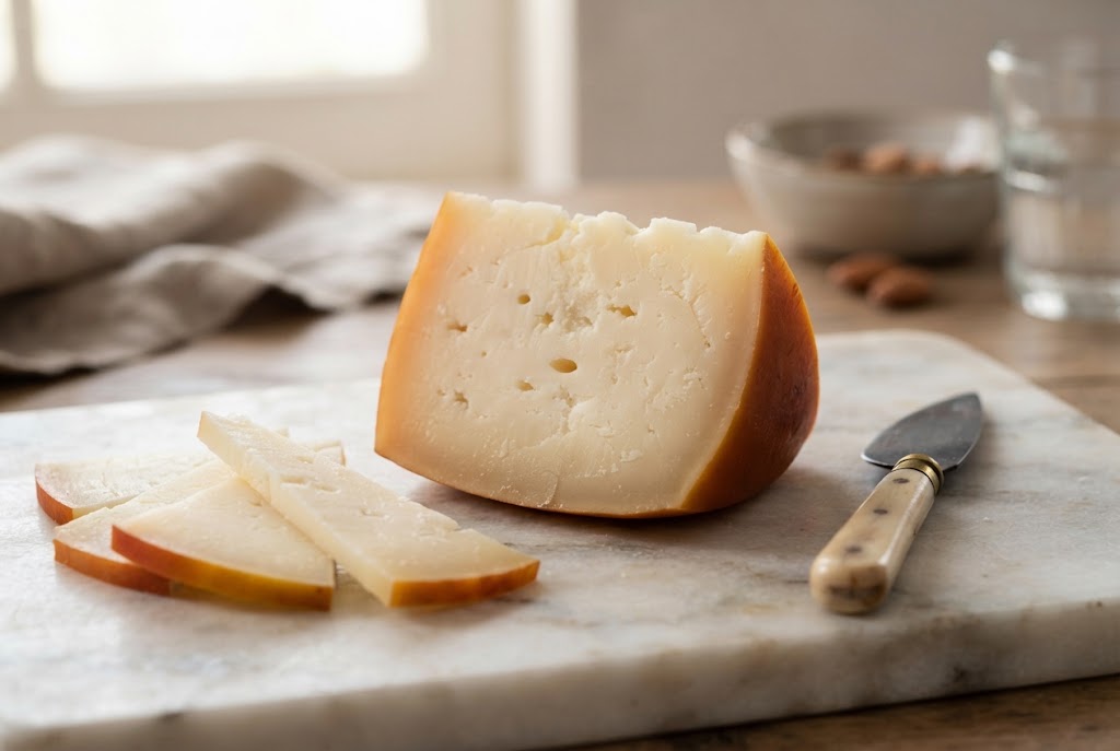 Pecorino Toscano: rounded wheel edge, reddish-yellow rind, smooth ivory paste, on a marble slab