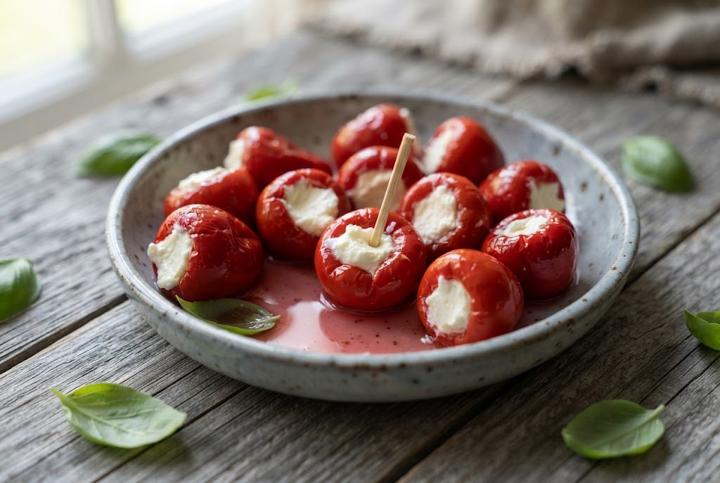 Peppadew: small round hollow red peppers, some stuffed with white goat's cheese, on weathered grey wood