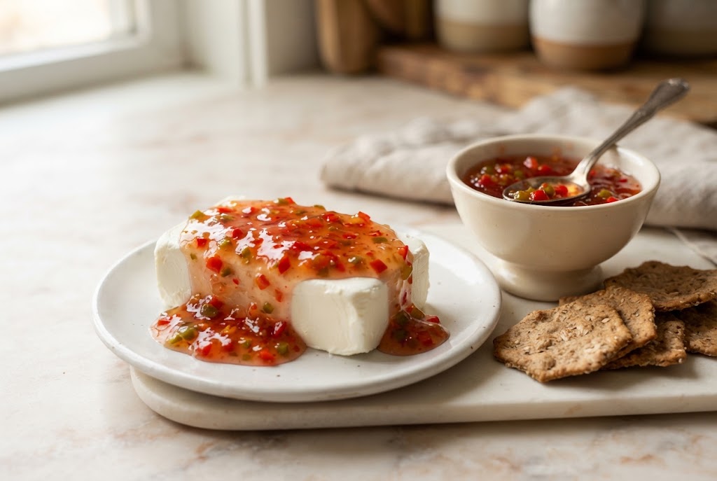 Pepper Jelly: translucent ruby jelly with pepper flecks over cream cheese, on pale marble