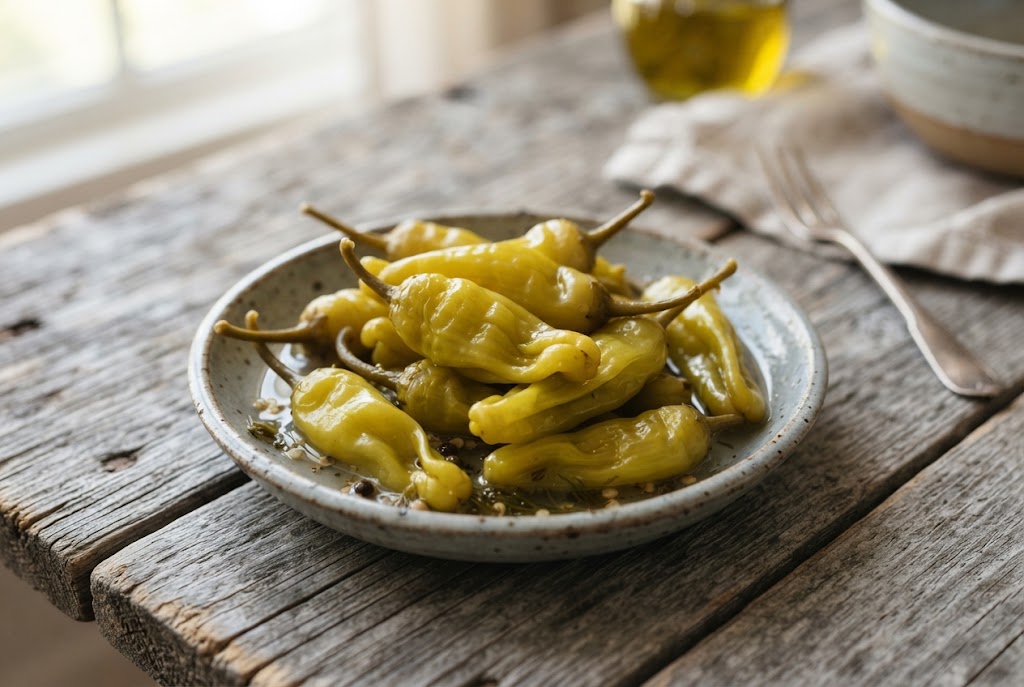 Pepperoncini: wrinkled yellow-green pickled peppers, on weathered grey wood