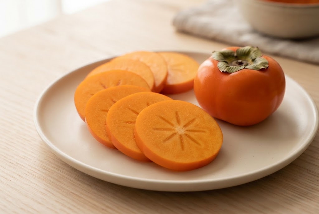Persimmon: squat glossy orange fruit with calyx, round slices with a star, on a cream ceramic plate