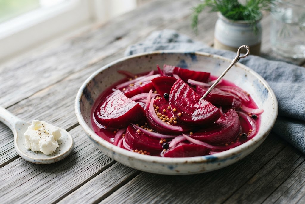 Pickled Beets: deep magenta glossy slices with ring pattern in pink brine, on weathered grey wood