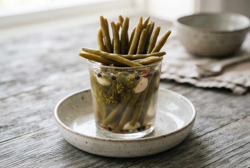Pickled Green Beans: long olive-green pickled beans standing in brine with dill, on weathered grey wood