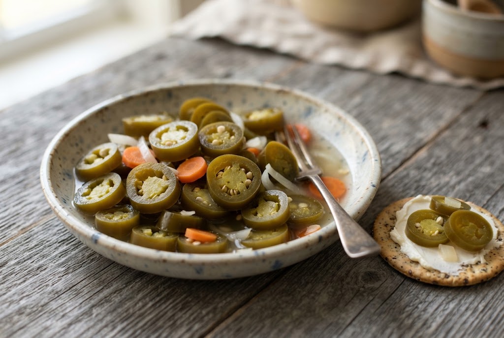 Pickled Jalapeños: olive-green pickled rings with seeds, carrot coins, on weathered grey wood