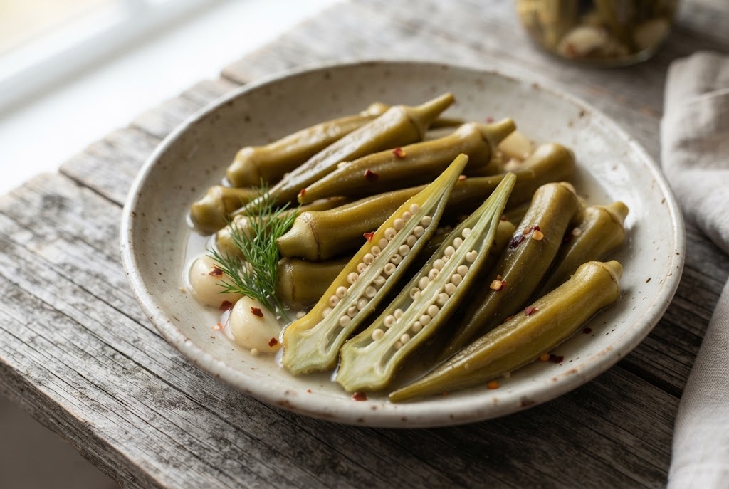 Pickled Okra: ridged olive-green pods, halved ones showing pale seeds in chambers, on weathered grey wood