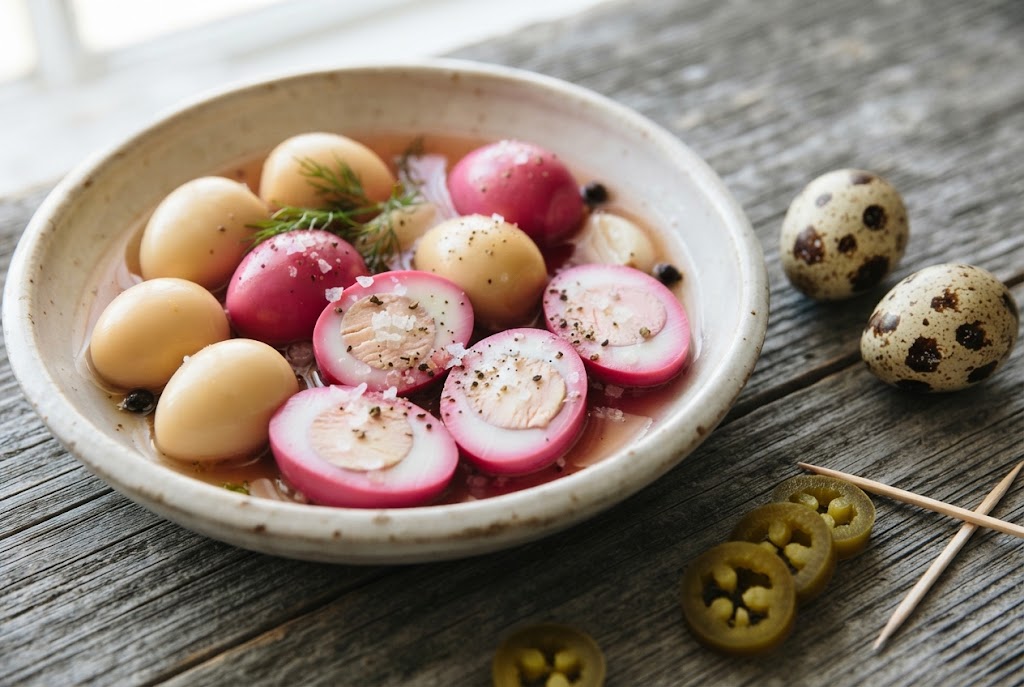 Pickled quail eggs: ivory and beet-pink peeled eggs, halves showing yolks, speckled raw quail eggs and jalapeño rings, on grey wood