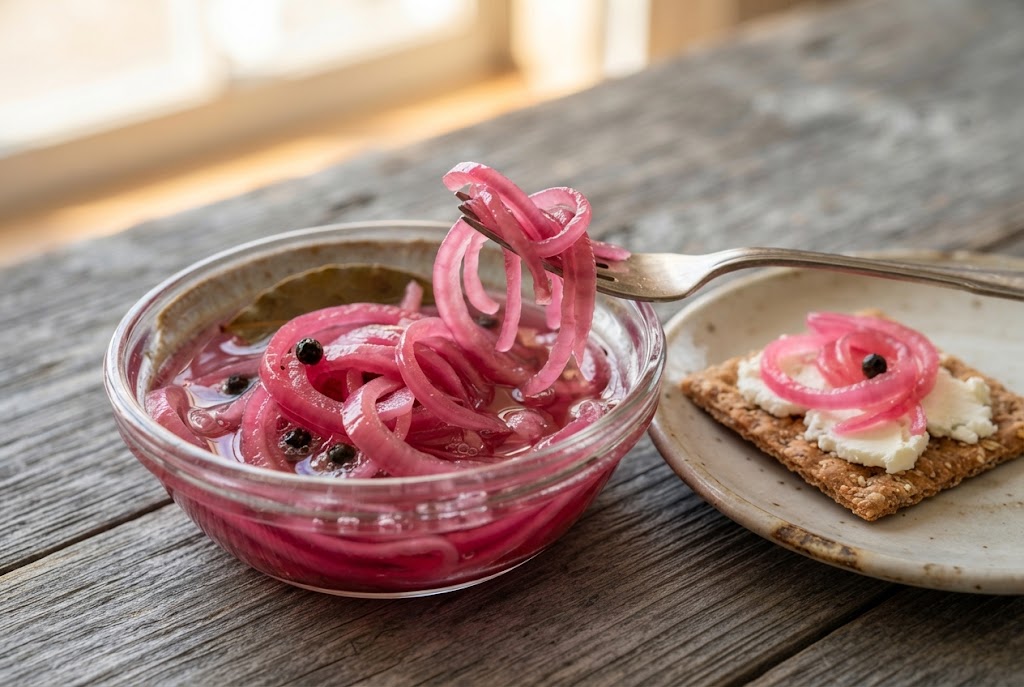 Pickled Red Onions: vivid translucent magenta-pink onion strands in brine, on weathered grey wood
