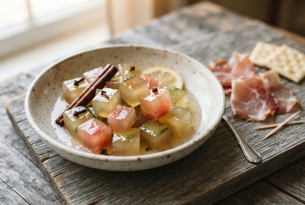 Pickled watermelon rind: translucent green-gold cubes with pink edges in syrup with cinnamon and cloves, country ham and saltines, on grey wood