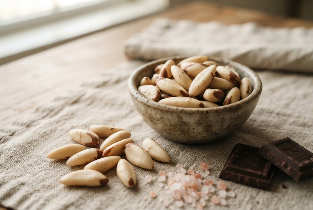 Pili nuts: long pointed ivory kernels with flecks of brown skin in a stoneware bowl, pink salt and dark chocolate, on linen