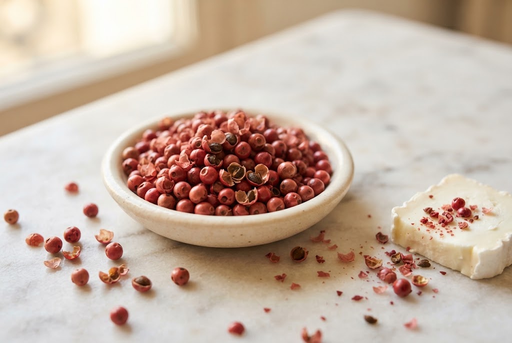 Pink Peppercorns: small round rose-pink papery berries, some cracked to a dark seed, on pale marble