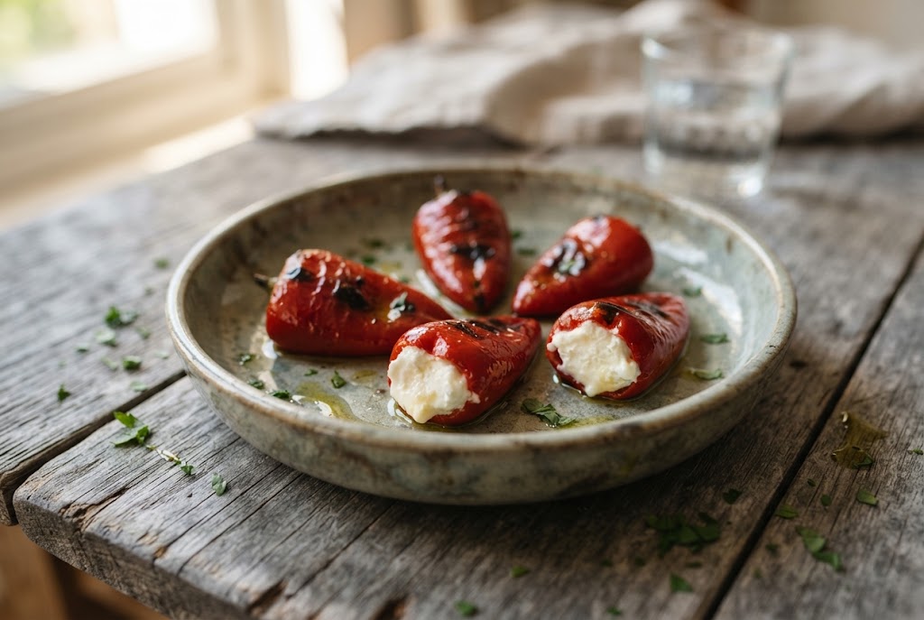 Piquillo Peppers: small pointed glossy red peppers, on weathered grey wood