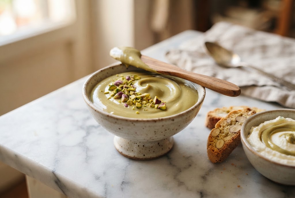 Pistachio cream: glossy pale green spread topped with chopped pistachios, a wooden spreader, biscotti and ricotta, on marble