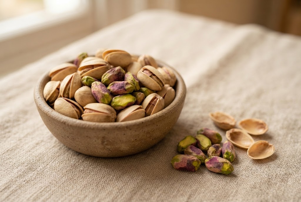 Pistachios: split beige shells and green kernels with purple skins, on natural linen