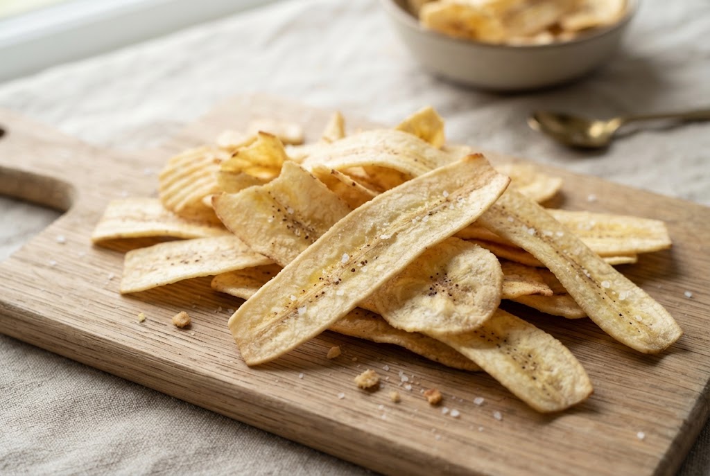 Plantain Chips: pale gold long plantain strips, on a light oak board