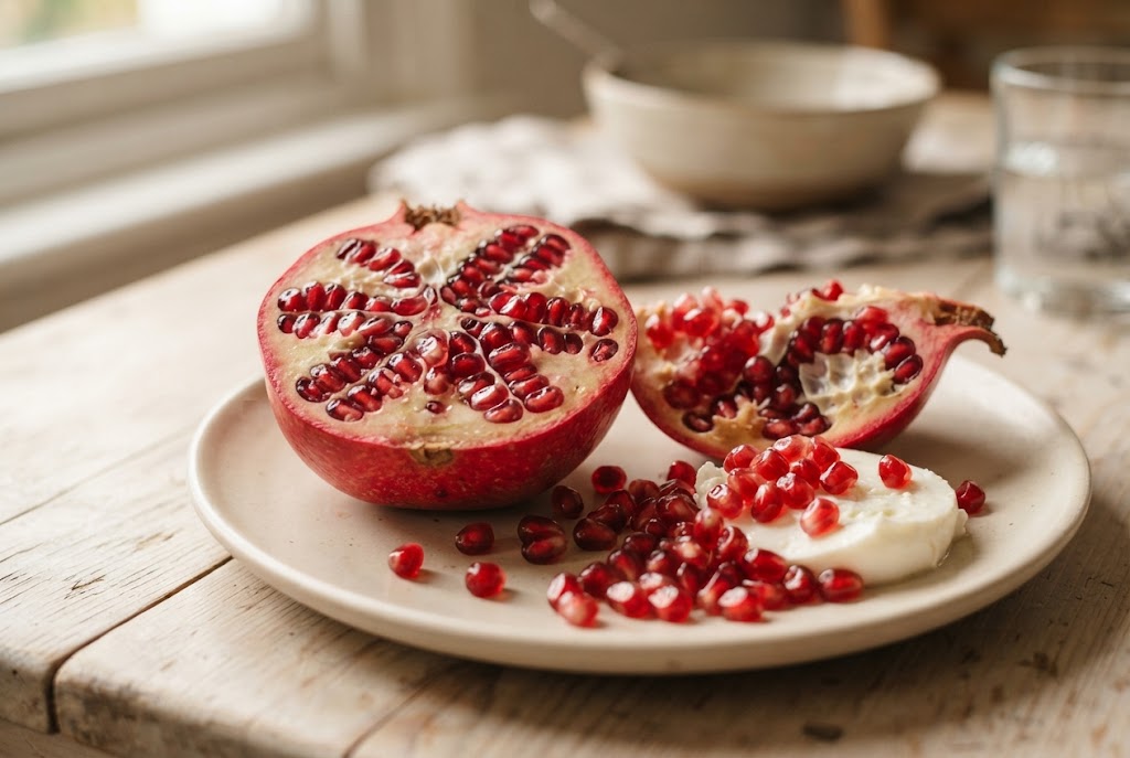 Pomegranate: halved fruit packed with glistening ruby arils, loose arils, on a cream ceramic plate