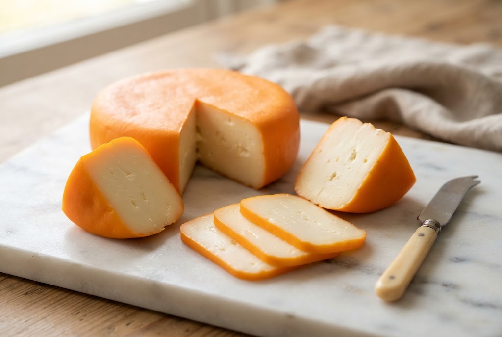 Port Salut: bright smooth orange rind, soft pale paste, on a marble slab