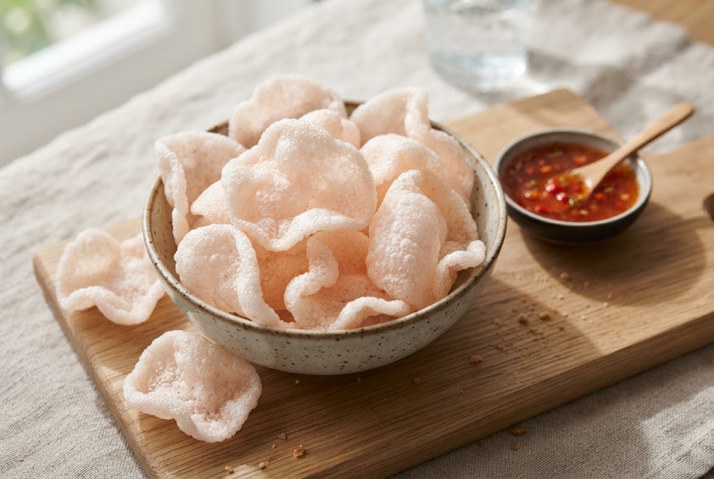 Prawn Crackers: puffed pale pink-white airy crisps with tiny holes, on a light oak board