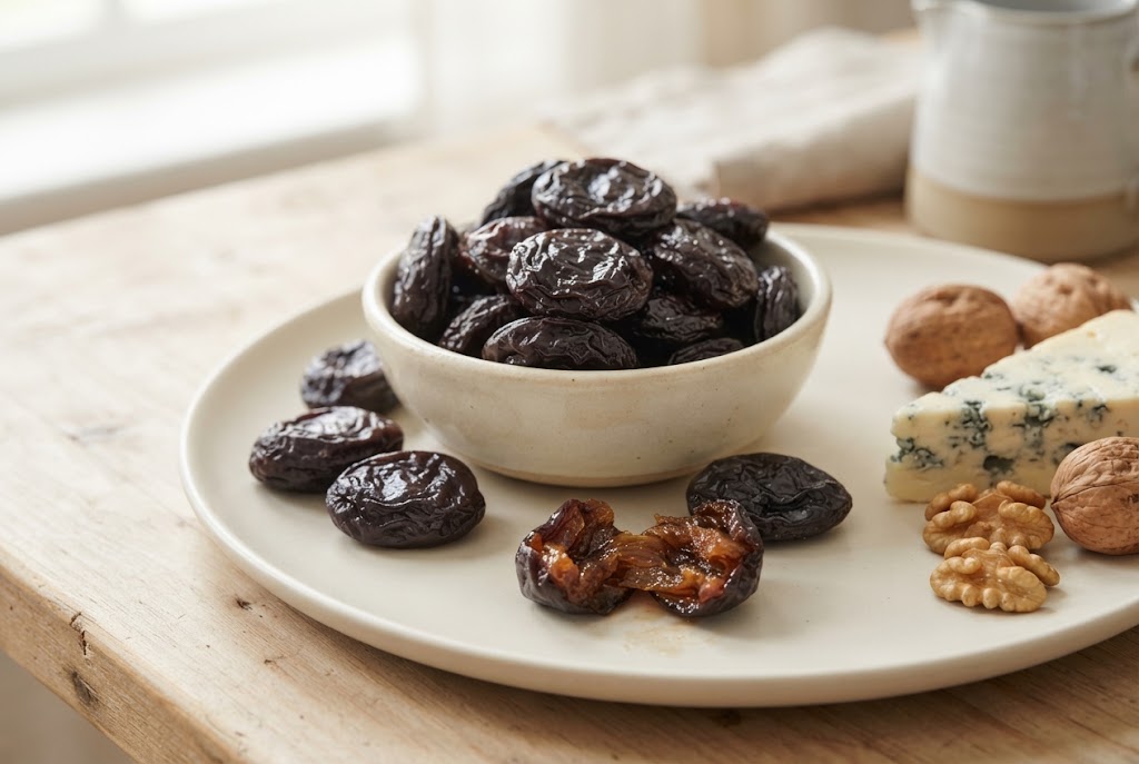 Prunes: glossy wrinkled near-black prunes, one torn showing amber flesh, on a cream ceramic plate