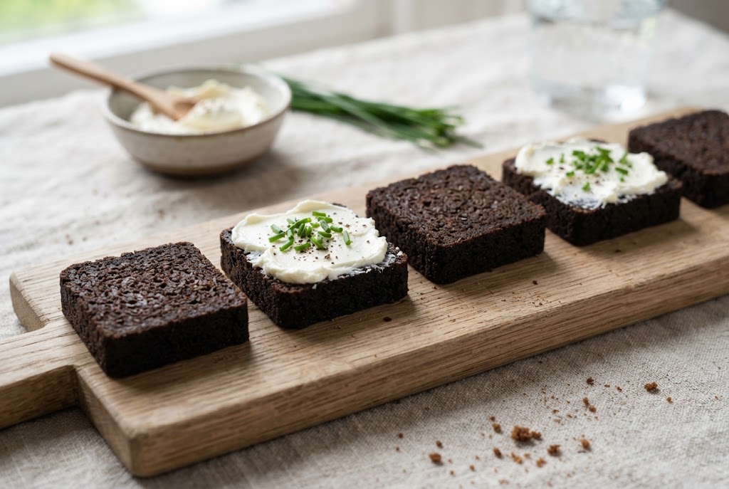 Pumpernickel: near-black dense square slices, on a light oak board
