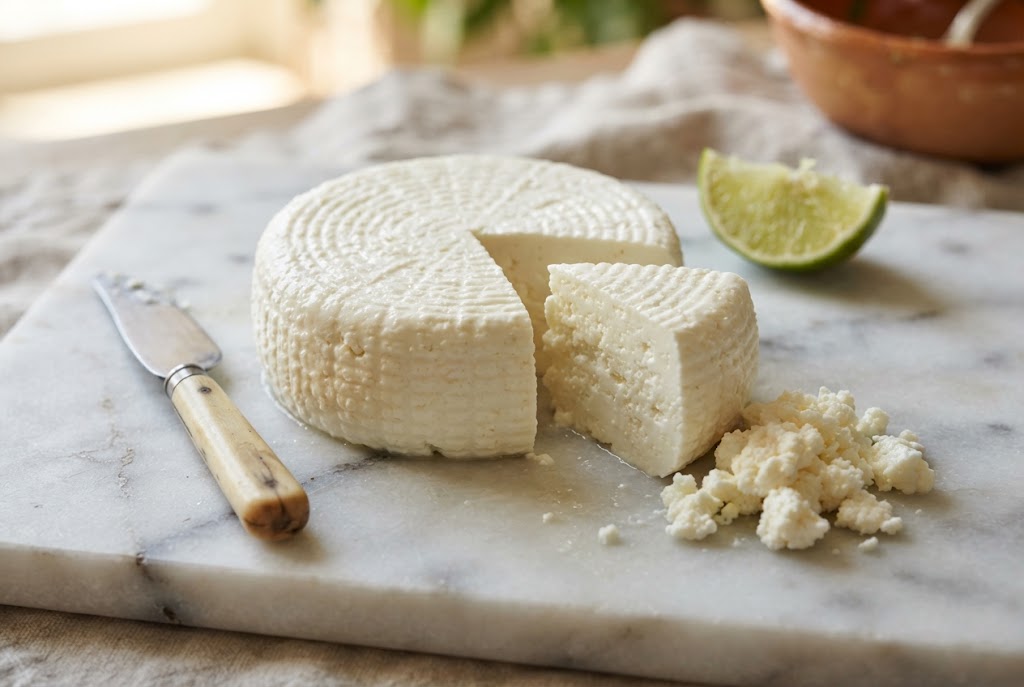 Queso Fresco: white moist crumbly round, on a marble slab