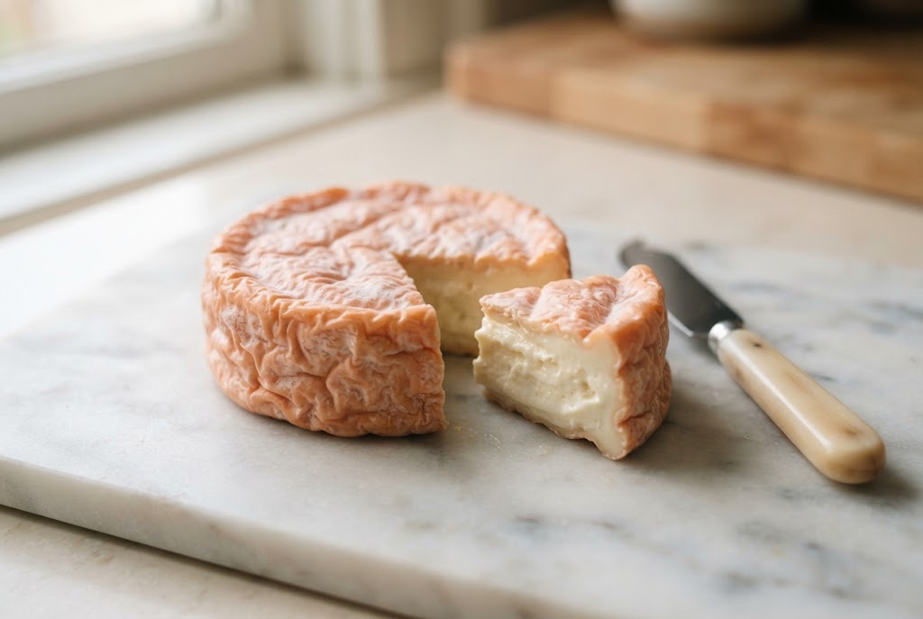 Red Hawk: small round with wrinkled rosy-orange rind, buttery paste, on a marble slab