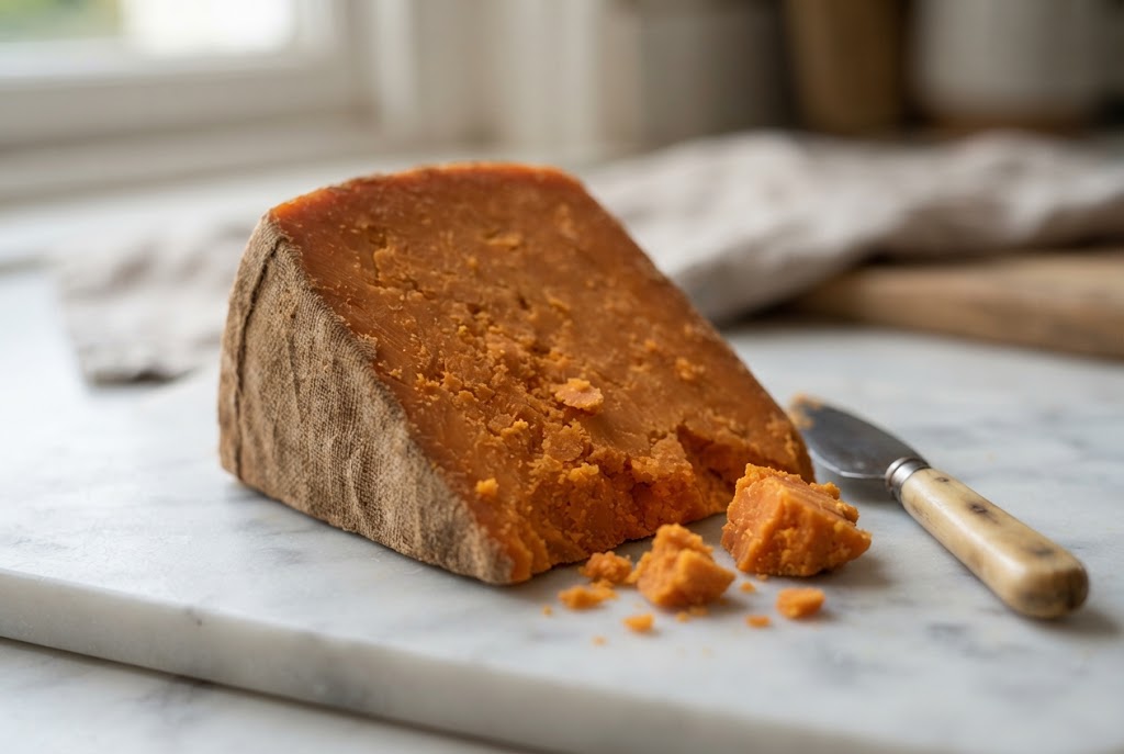 Red Leicester: deep russet-orange flaky paste, cloth rind, on a marble slab