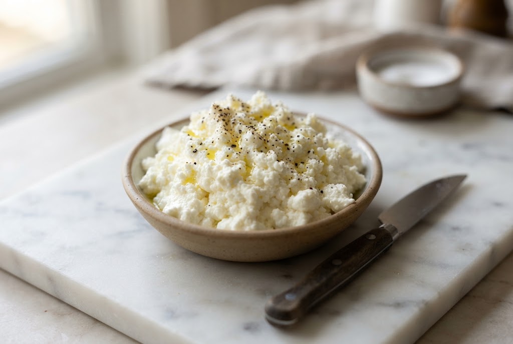 Ricotta: white fine moist curds in a bowl, on a marble slab