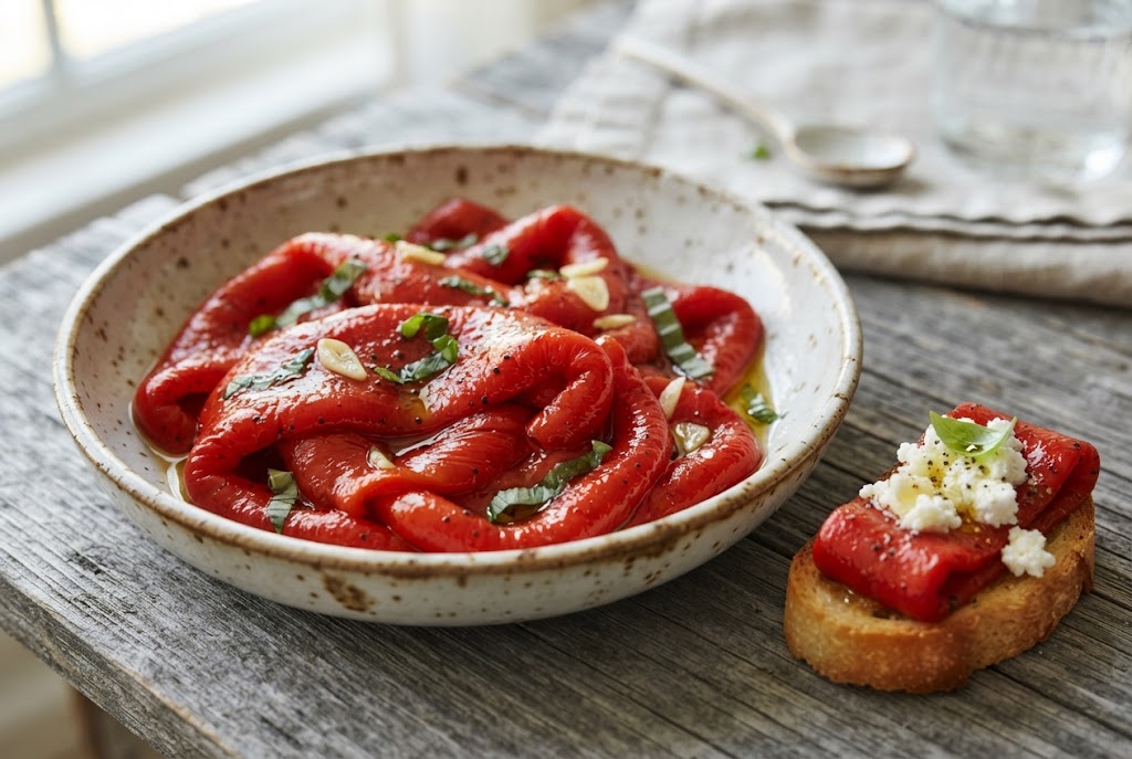 Roasted Red Peppers: soft silky glossy deep-red strips with faint char flecks, on weathered grey wood