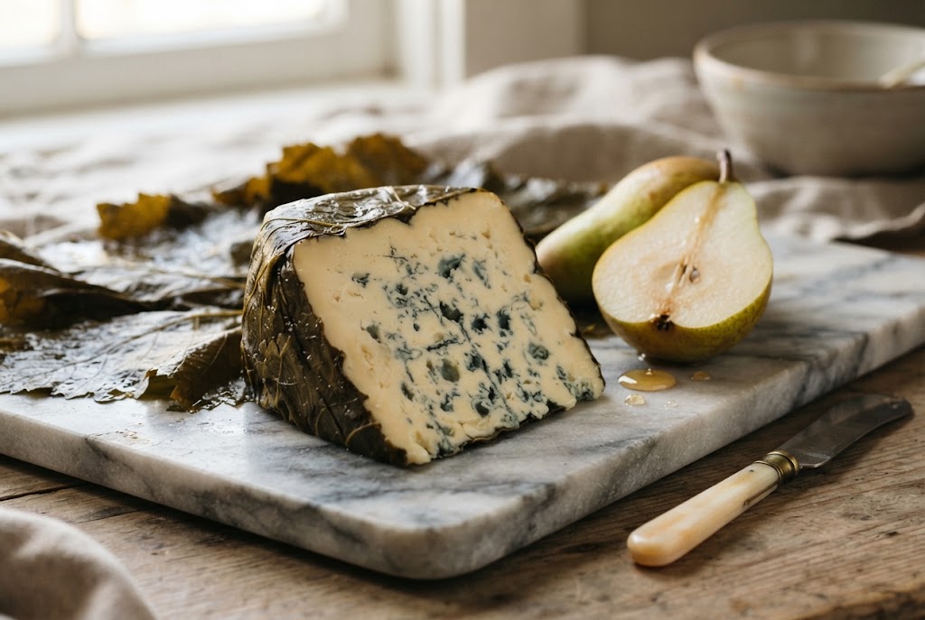 Rogue River Blue: blue-veined wedge wrapped in dark soaked grape leaves, halved pear and a drizzle of honey, on a marble slab