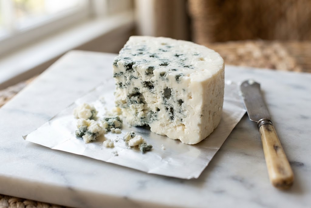 Roquefort: stark white moist paste, heavy blue-green marbling, on a marble slab