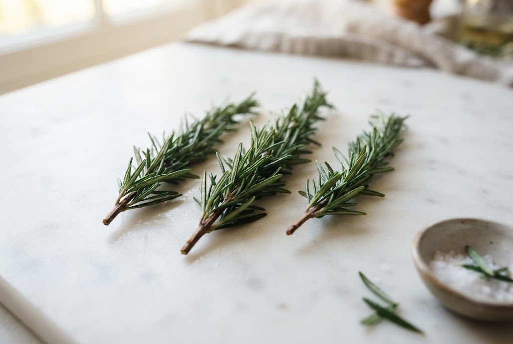 Rosemary Sprigs: dark green needle-leaf sprigs, on pale marble