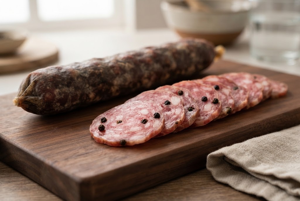Salchichón: pink-red slices with whole black peppercorns, on a dark walnut board