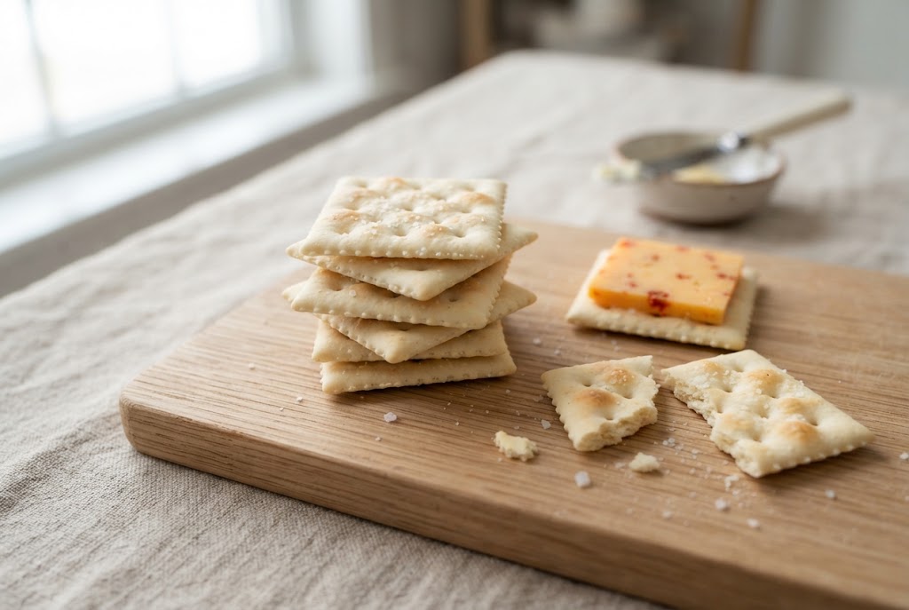 Saltines: pale square crackers with crimped edges, docking holes and salt, on a light oak board