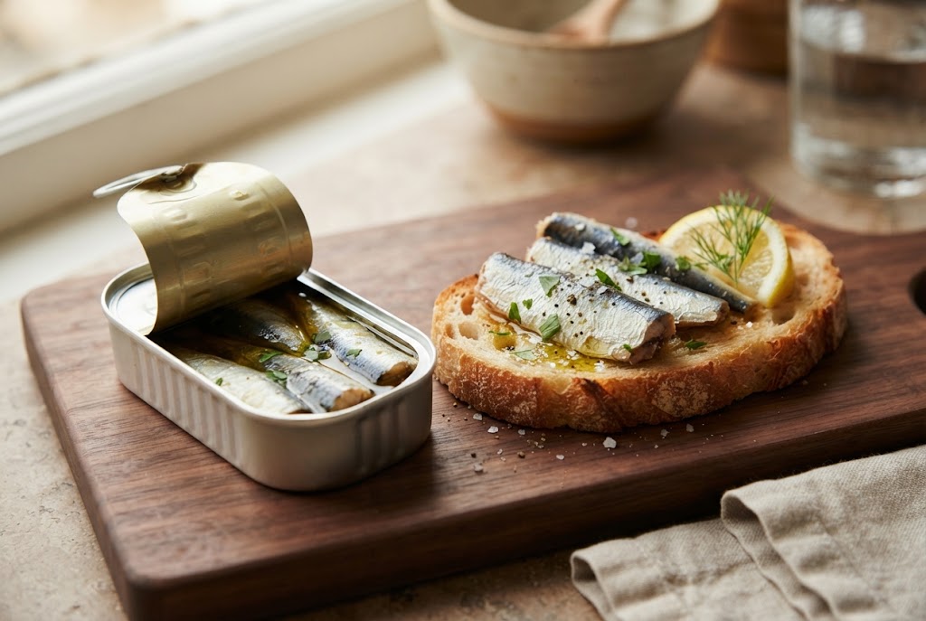 Sardines: small silver-blue fish in oil, on a dark walnut board