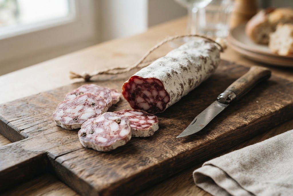 Saucisson Sec: chalky white casing, dark red slices with white fat, on a dark walnut board
