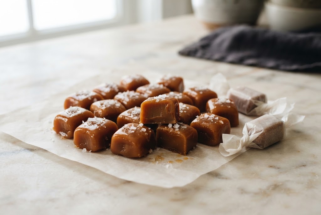 Sea Salt Caramels: soft glossy amber squares with large salt flakes, on pale marble