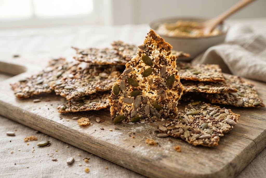 Seeded Crackers: thin irregular shards packed with visible mixed seeds, on a light oak board