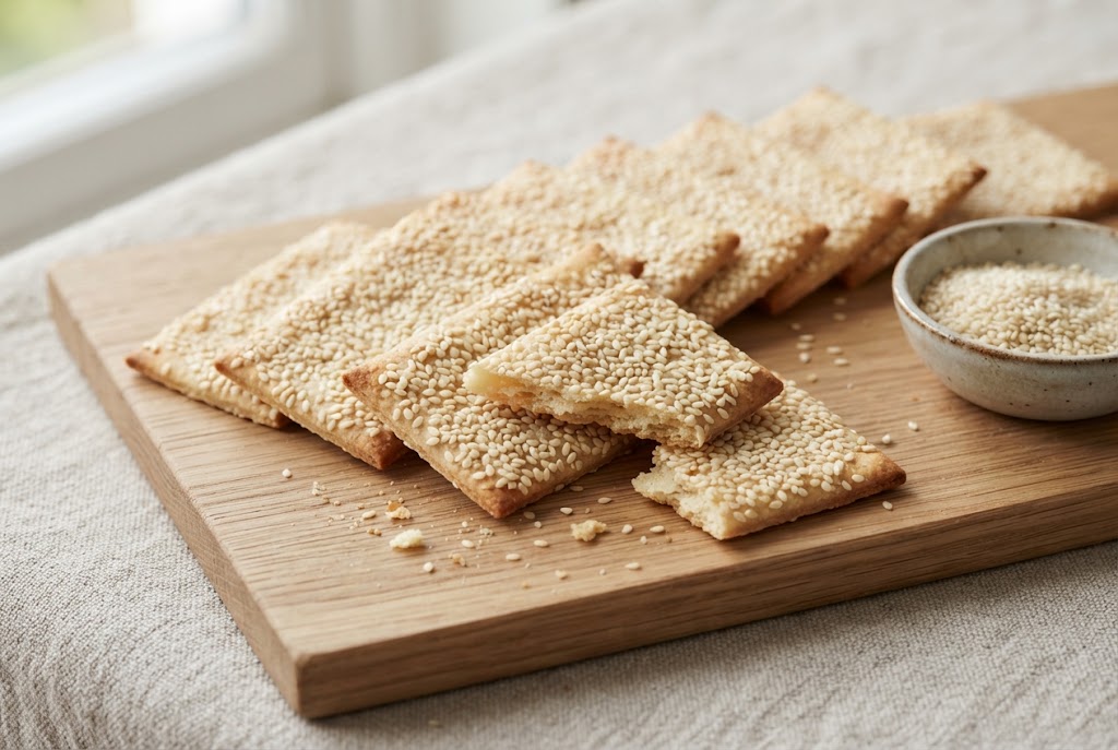 Sesame Crackers: pale golden crackers covered in white sesame seeds only, on a light oak board