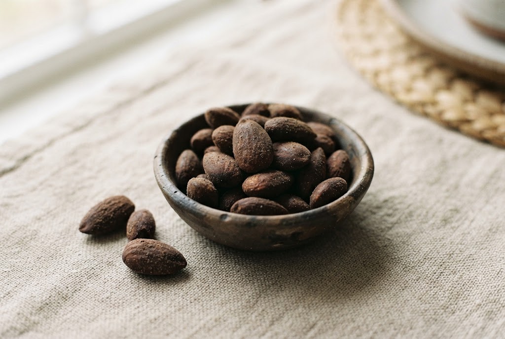 Smoked Almonds: dark matte smoky almonds, on natural linen