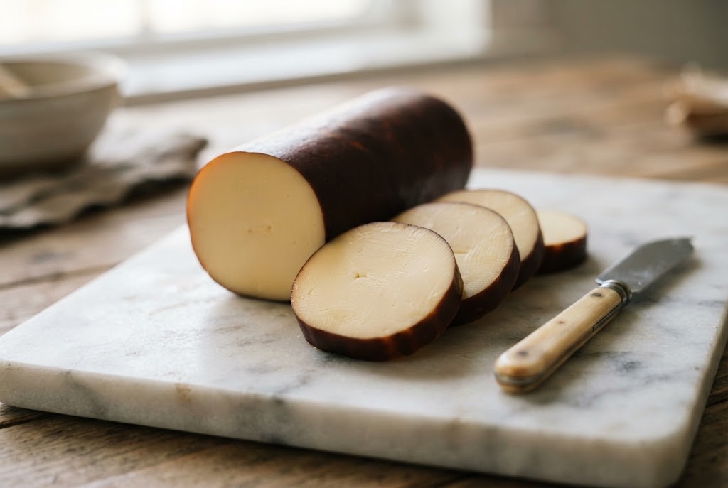 Smoked Gouda: brown smoked outer ring around pale yellow paste, on a marble slab