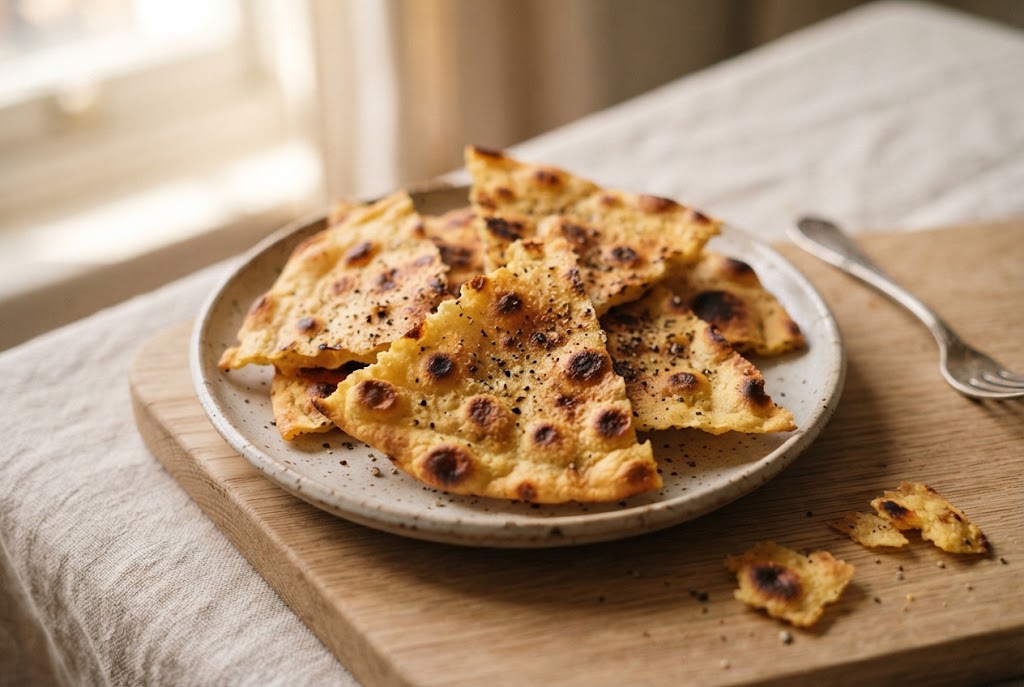 Socca: gold blistered chickpea pancake wedges with pepper, on a light oak board