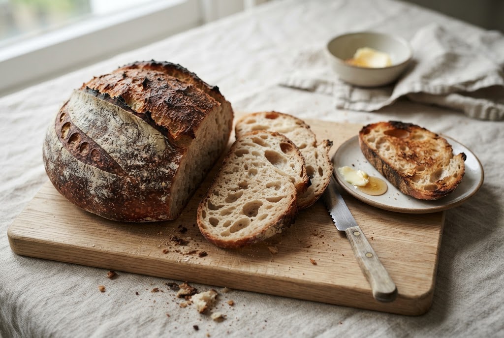 Sourdough: dark blistered crust, open irregular crumb, on a light oak board