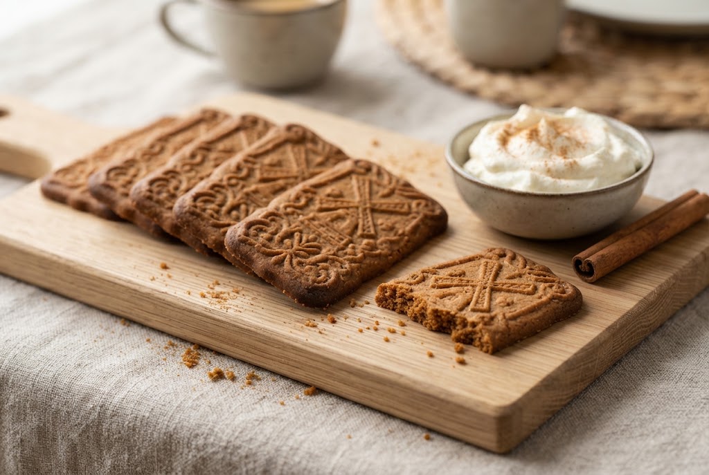 Speculoos: thin caramel-brown rectangles with a pressed pattern, on a light oak board