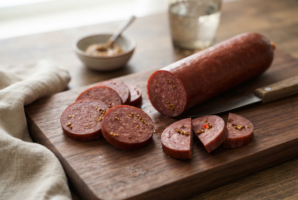 Summer Sausage: fine-grained red-brown slices with mustard seeds, on a dark walnut board