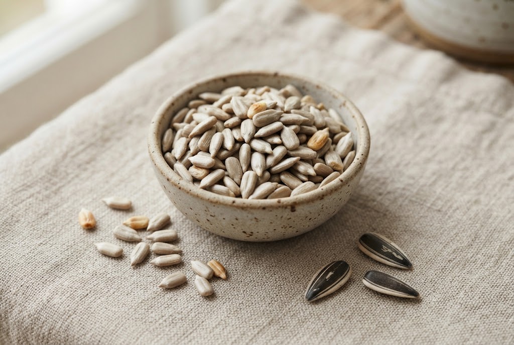 Sunflower Seeds: small pale grey-beige teardrop kernels, a few striped shells, on natural linen