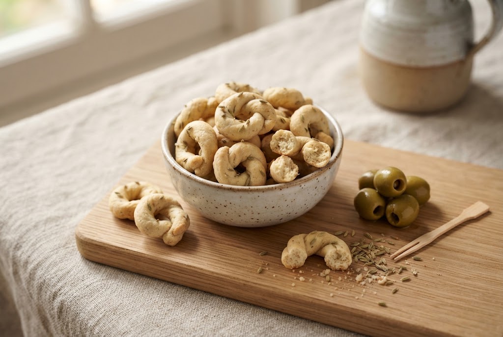 Taralli: small knobbly golden dough rings with overlapping ends, fennel seeds, on a light oak board